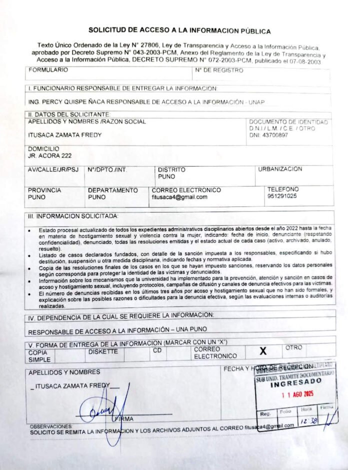 UNAP Puno incumple plazo legal de respuesta 2FI