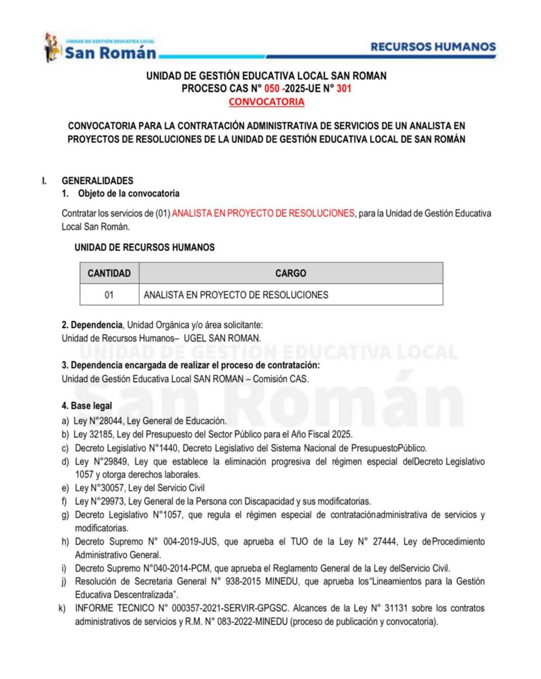 proceso de contratación CAS N° 050-2025-UE N° 301