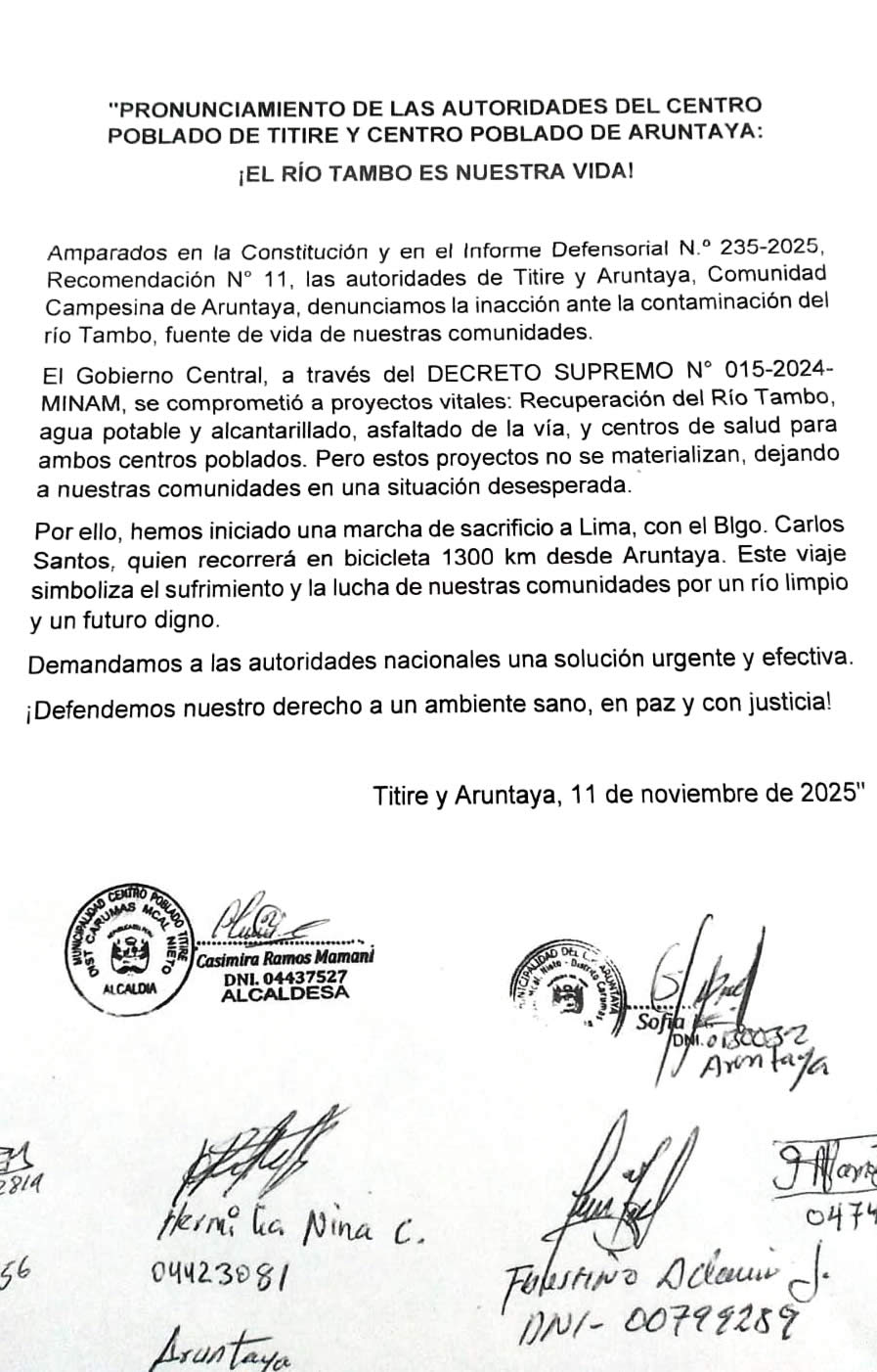 pronunciamiento rio Tambo