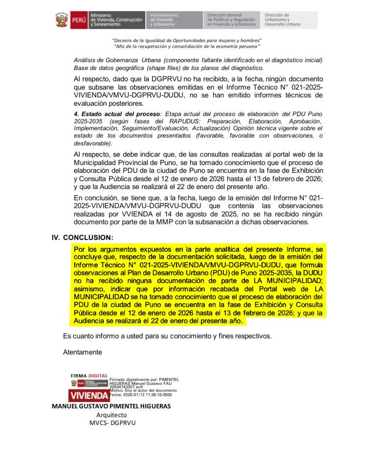 Puno no subsanó observaciones al Plan de Desarrollo Urbano