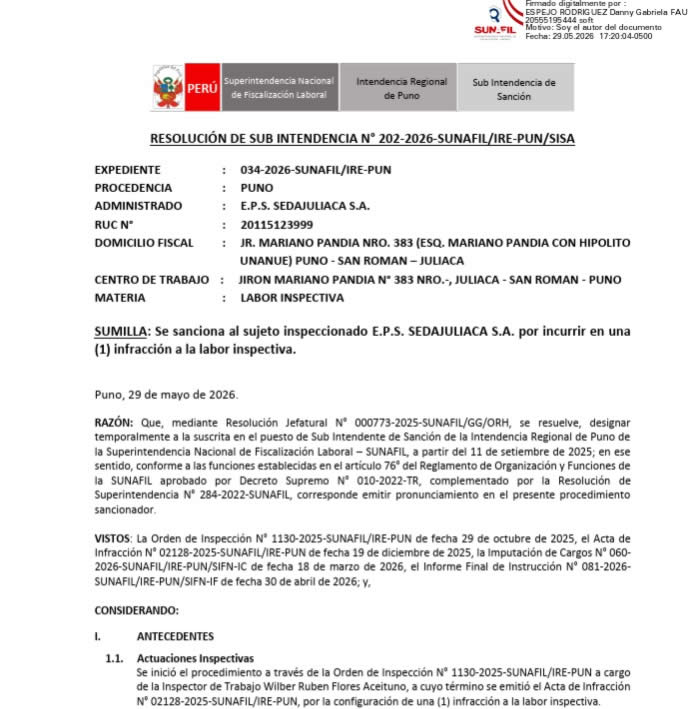 EPS Sedajuliaca acumula multas por 1.4 millones de soles 01